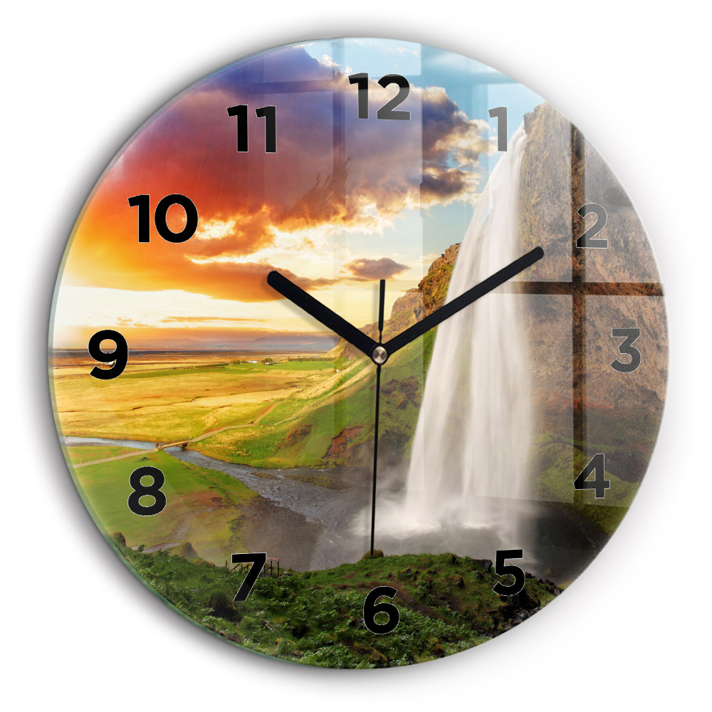 Chute d'eau en Islande Horloge ronde en verre 60 cm