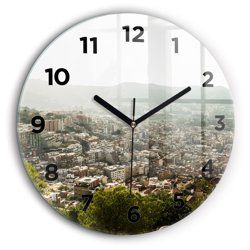 Vue de Montjuic à Barcelone Horloge ronde en verre 60 cm