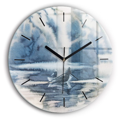 Horloge ronde en verre 60 cm Lac d'hiver Bateau