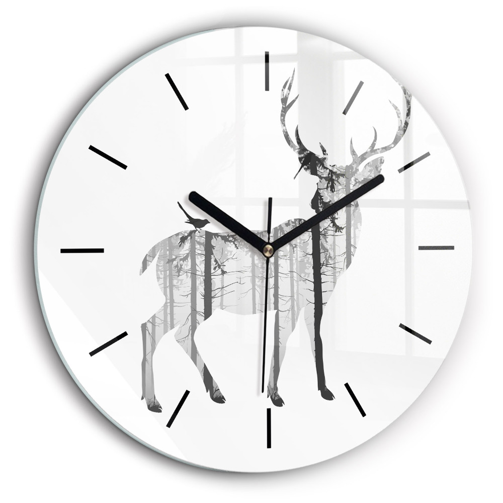 Horloge ronde en verre 60 cm Silhouette d'un cerf Forêt