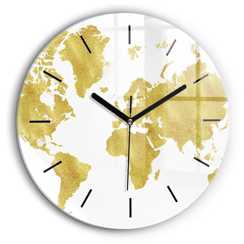 Horloge ronde en verre 60 cm Carte du monde en or