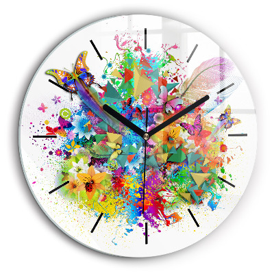 Horloge ronde en verre 60 cm Harmonie florale avec papillons