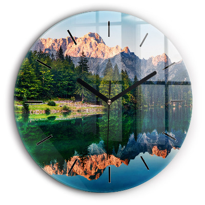 Horloge ronde en verre 60 cm Paysage de lac