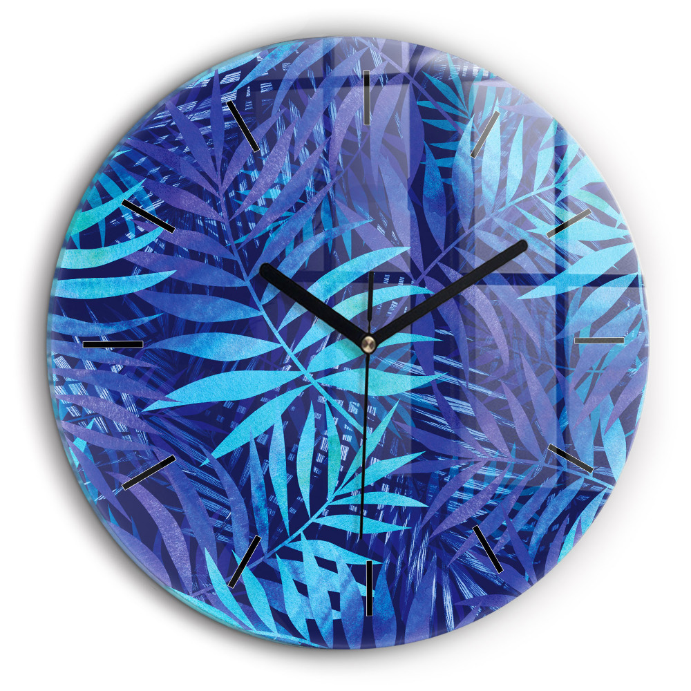 Horloge ronde en verre 60 cm Feuilles bleues