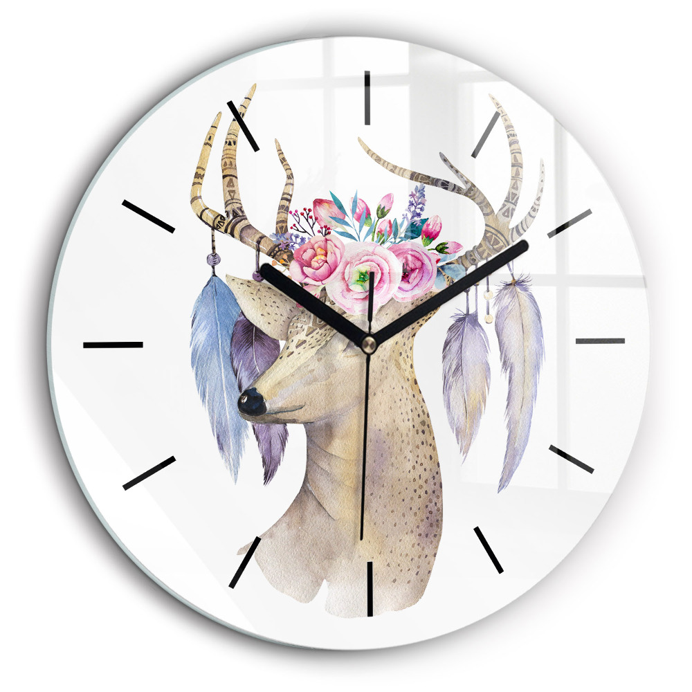 Horloge ronde 60 cm Tête de cerf et fleurs