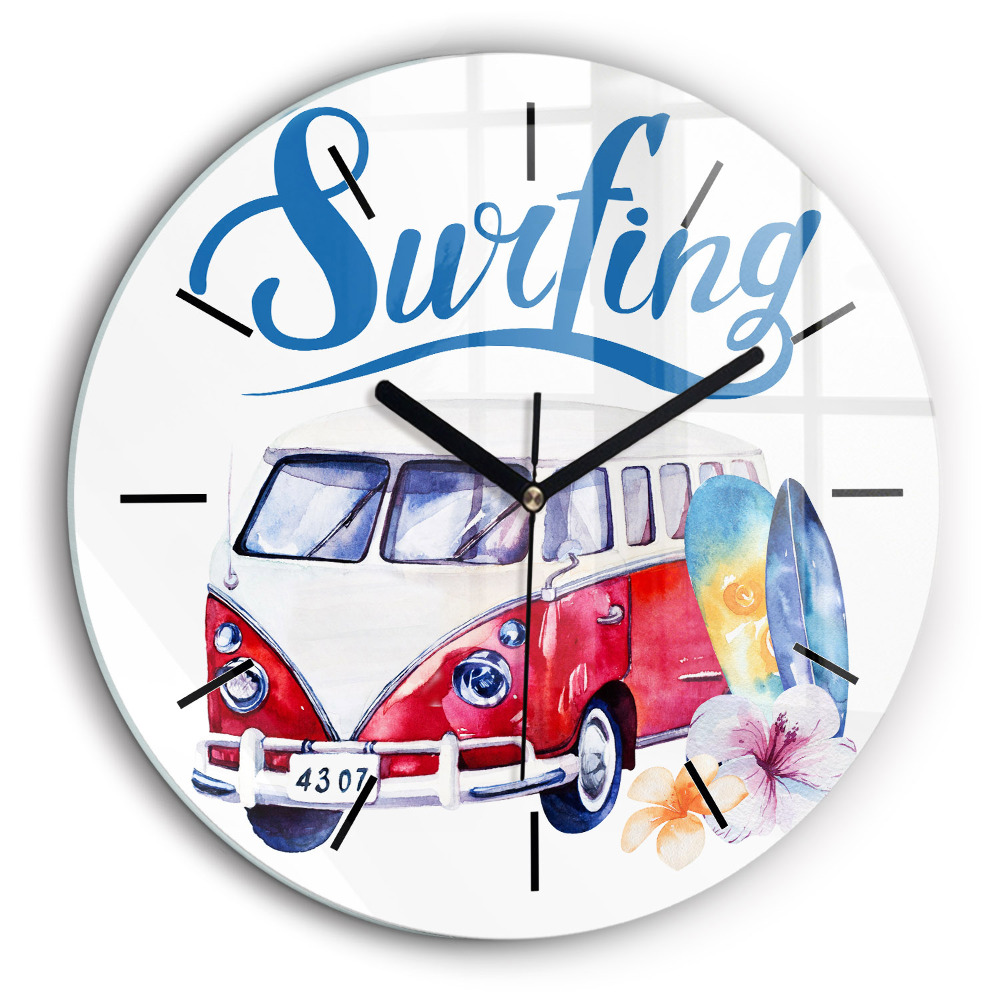Horloge ronde en verre 60 cm Voiture et panneau Surf