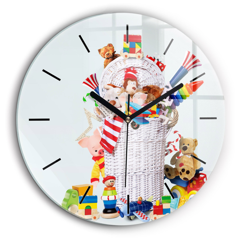 Horloge ronde en verre 60 cm Panier en osier avec des jouets