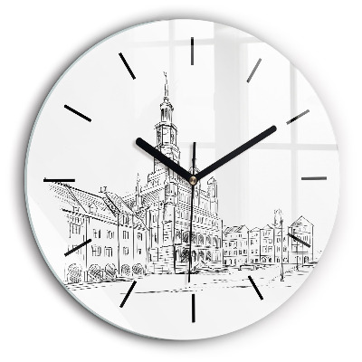 Horloge ronde en verre 60 cm Croquis de la vieille ville de Poznań