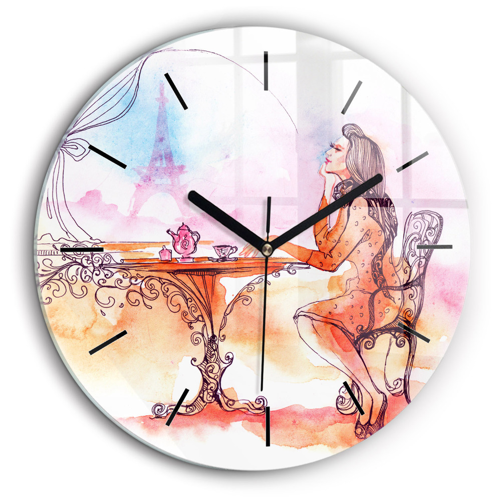 Horloge ronde 60 cm Femme buvant du thé