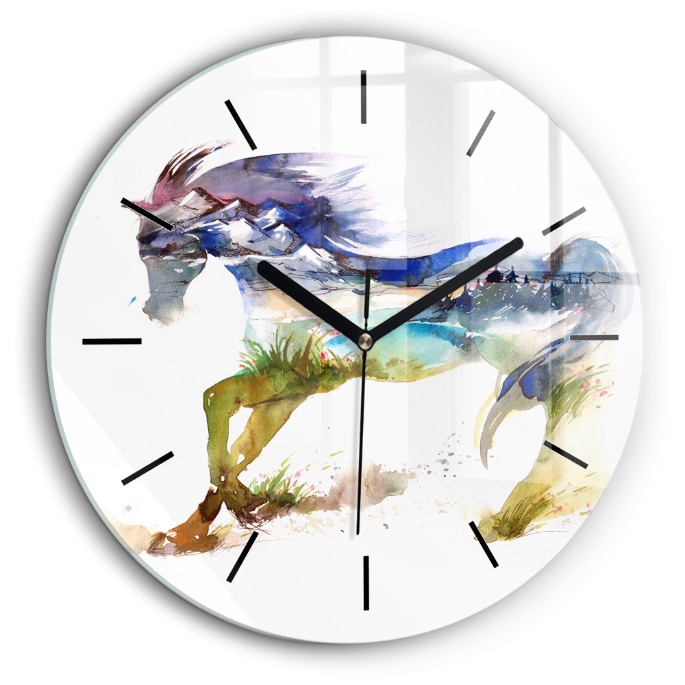 Pendule murale ronde 60 cm Montagne peinte et cheval