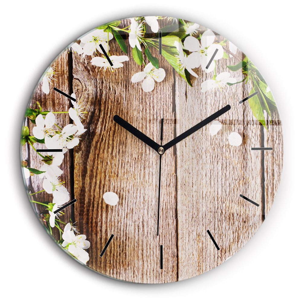 Horloge ronde en verre 60 cm Fleurs sur bois